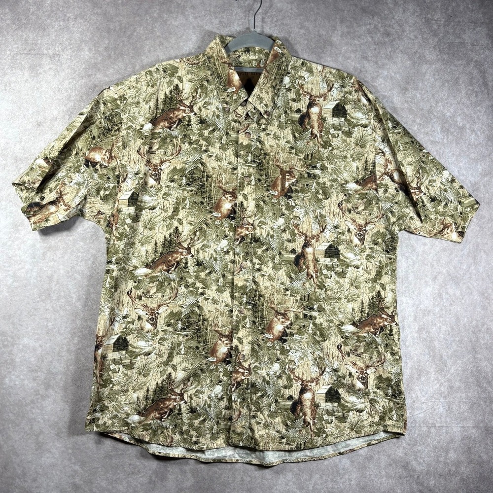 North River Shirt Mens Large Green Buck Deer Leaf Print Button Down Hunting Camp